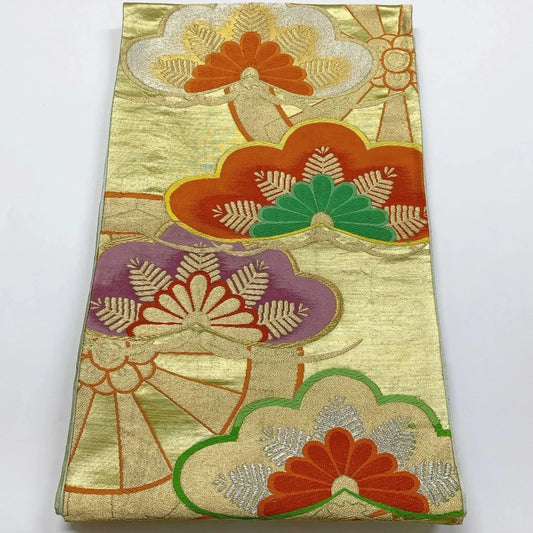6045# Japanese Vintage Fukuro Obi Belt Kimono Fabric Silk Traditional Gold