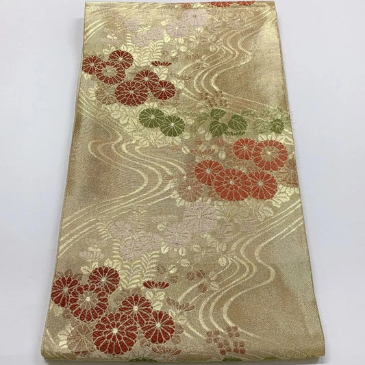 6050# Japanese Vintage Fukuro Obi Belt Kimono Fabric Silk Traditional Gold
