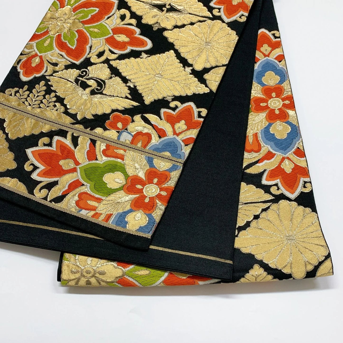 6056# Japanese Vintage Fukuro Obi Belt Kimono Fabric Silk Traditional Black