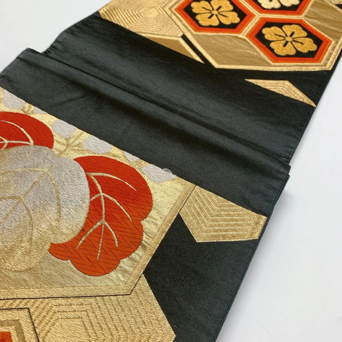 6065# Japanese Vintage Fukuro Obi Belt Kimono Fabric Silk Traditional Black