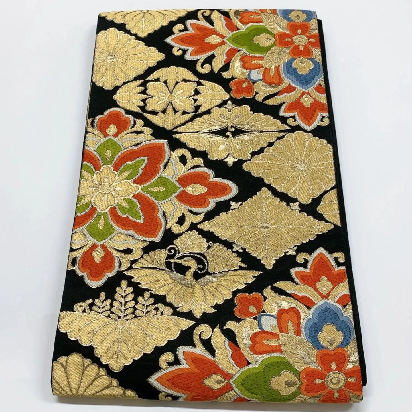 6056# Japanese Vintage Fukuro Obi Belt Kimono Fabric Silk Traditional Black