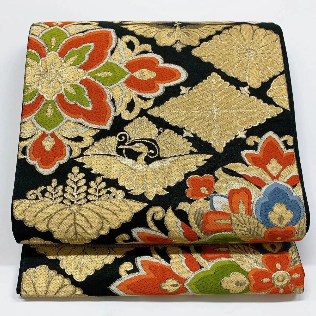 6056# Japanese Vintage Fukuro Obi Belt Kimono Fabric Silk Traditional Black