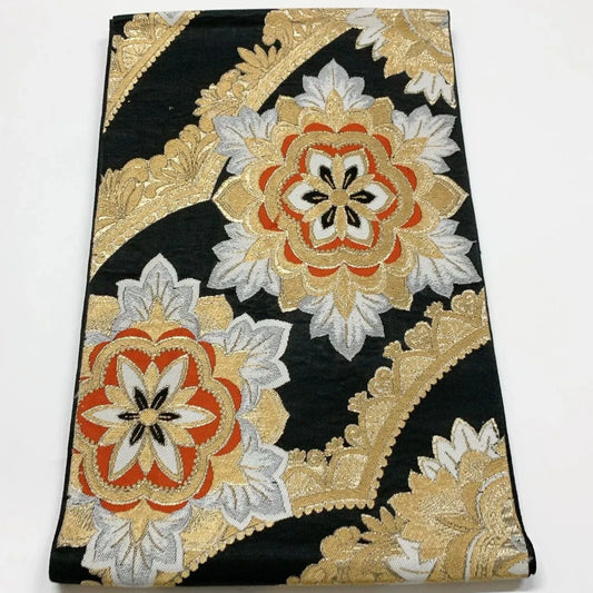 6060# Japanese Vintage Fukuro Obi Belt Kimono Fabric Silk Traditional Black