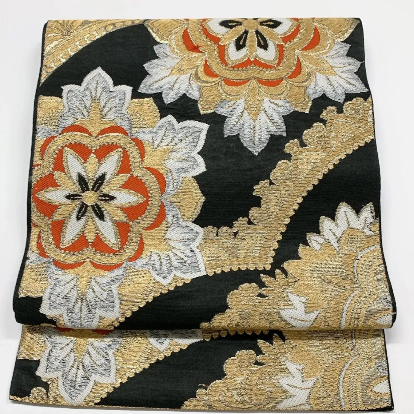 6060# Japanese Vintage Fukuro Obi Belt Kimono Fabric Silk Traditional Black