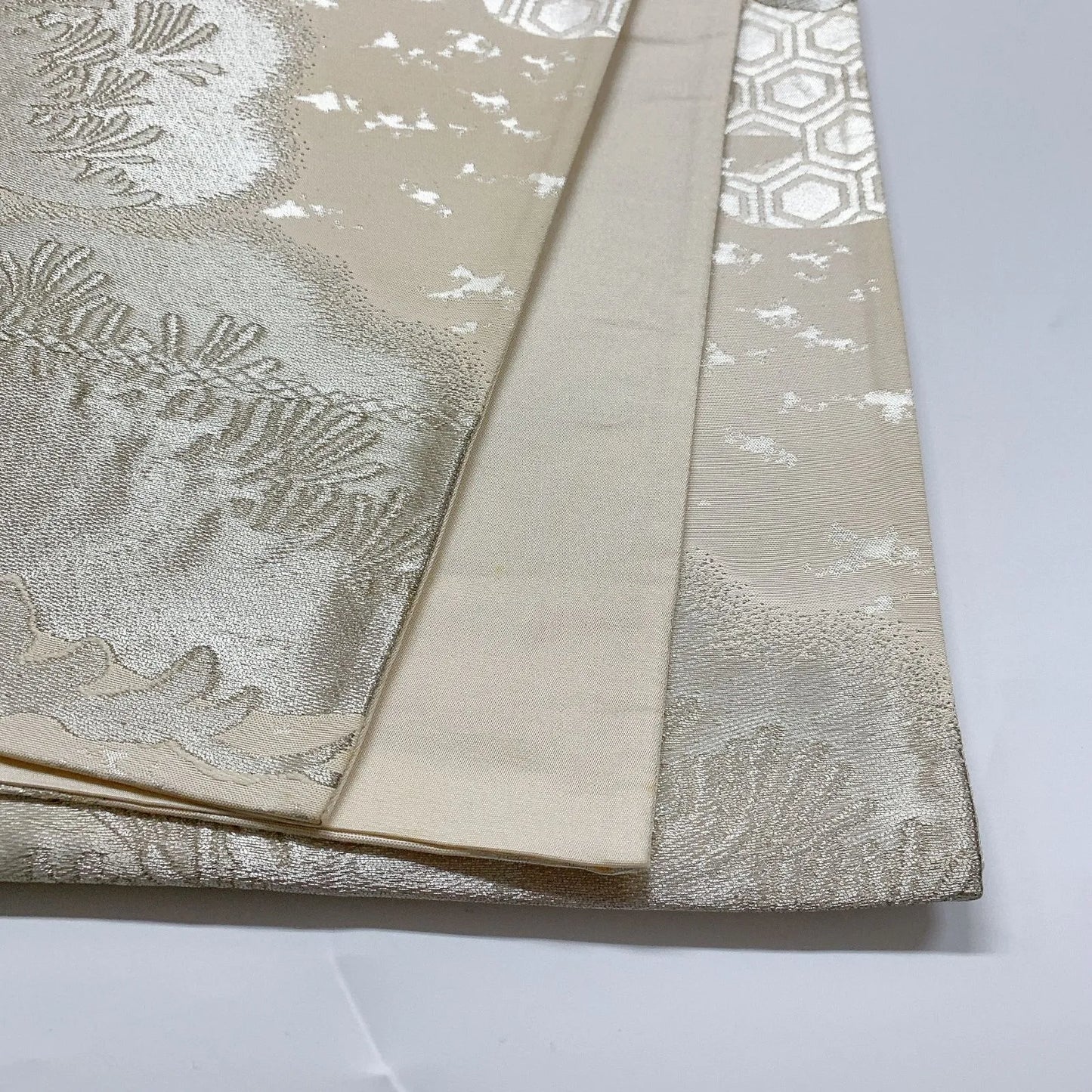 6074# Japanese Vintage Fukuro Obi Belt Kimono Fabric Silk Traditional Silver