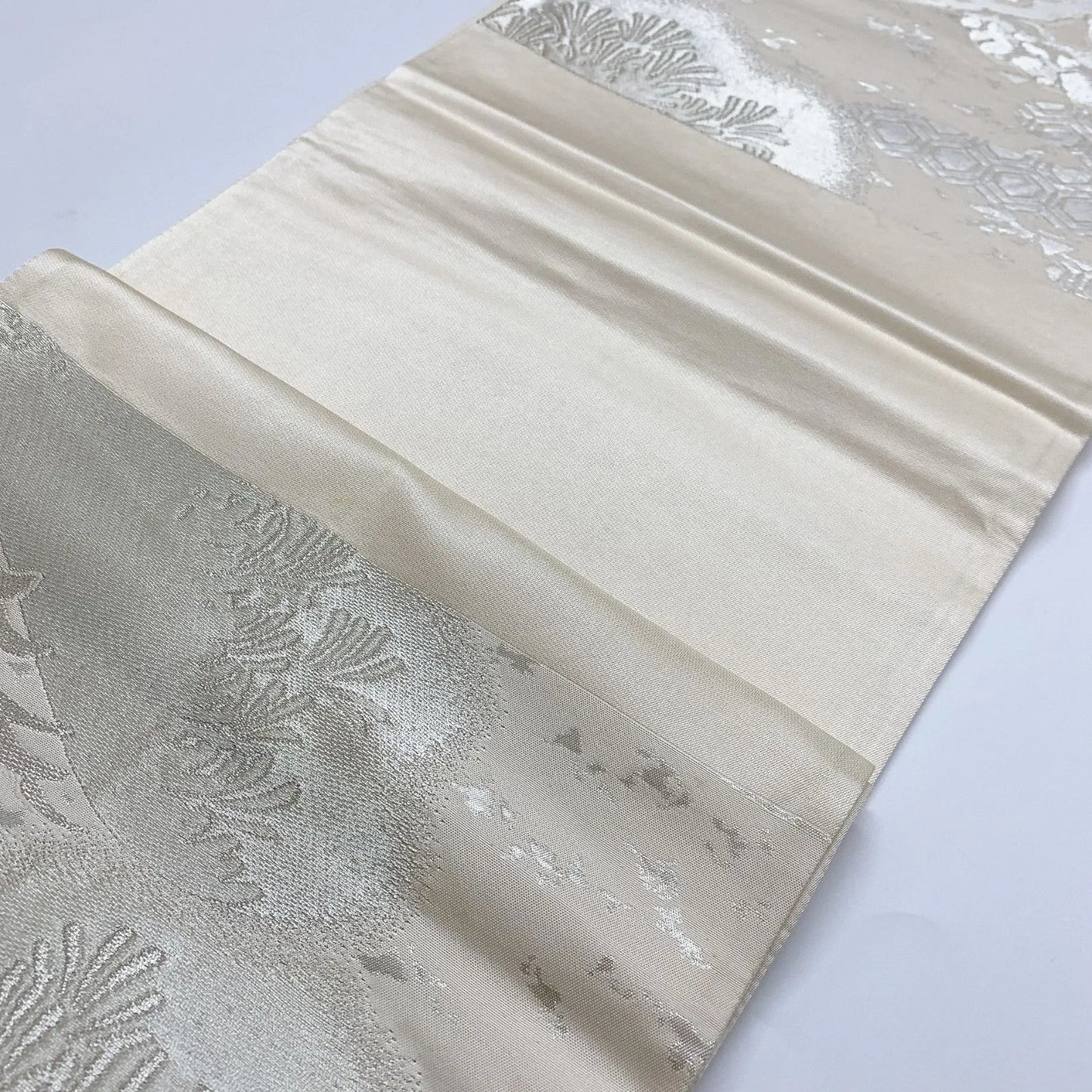 6074# Japanese Vintage Fukuro Obi Belt Kimono Fabric Silk Traditional Silver