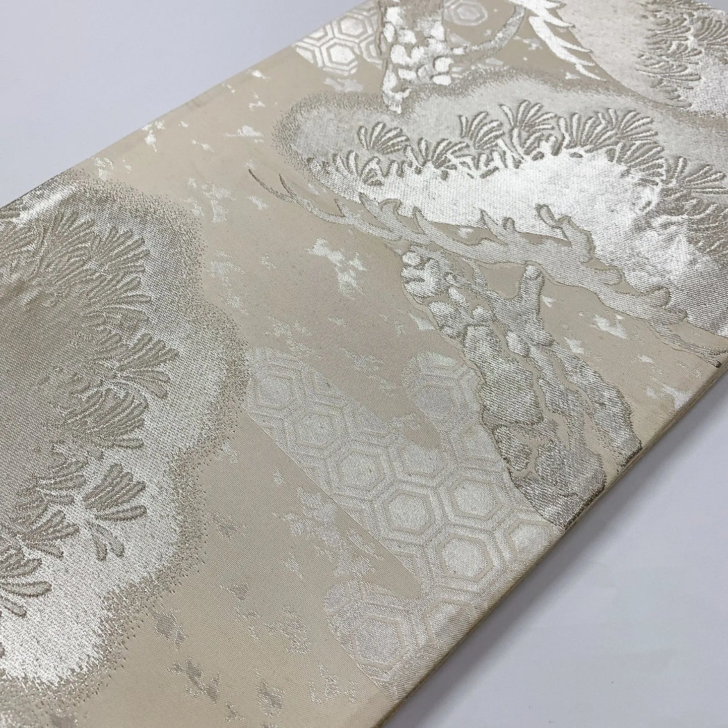 6074# Japanese Vintage Fukuro Obi Belt Kimono Fabric Silk Traditional Silver