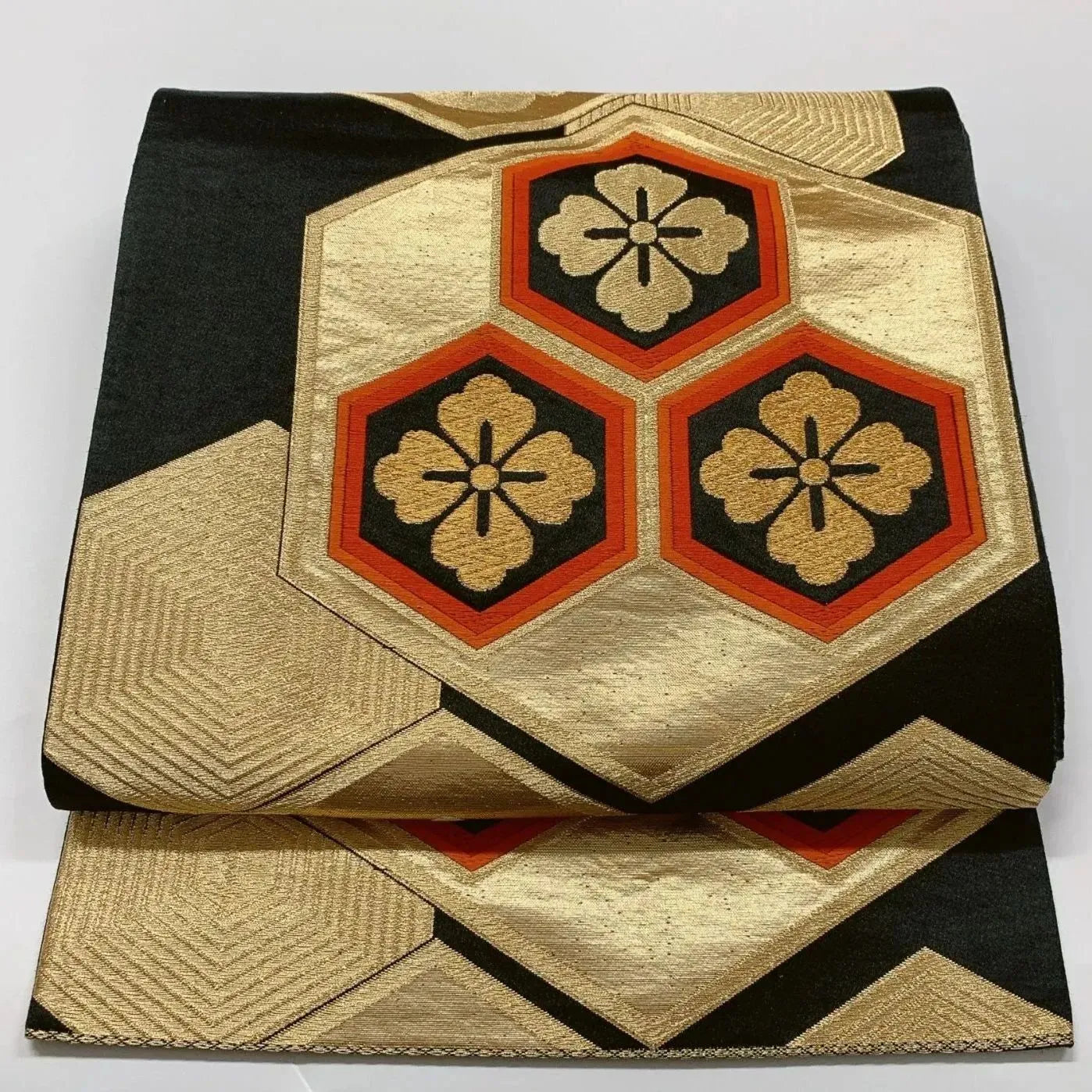 6065# Japanese Vintage Fukuro Obi Belt Kimono Fabric Silk Traditional Black