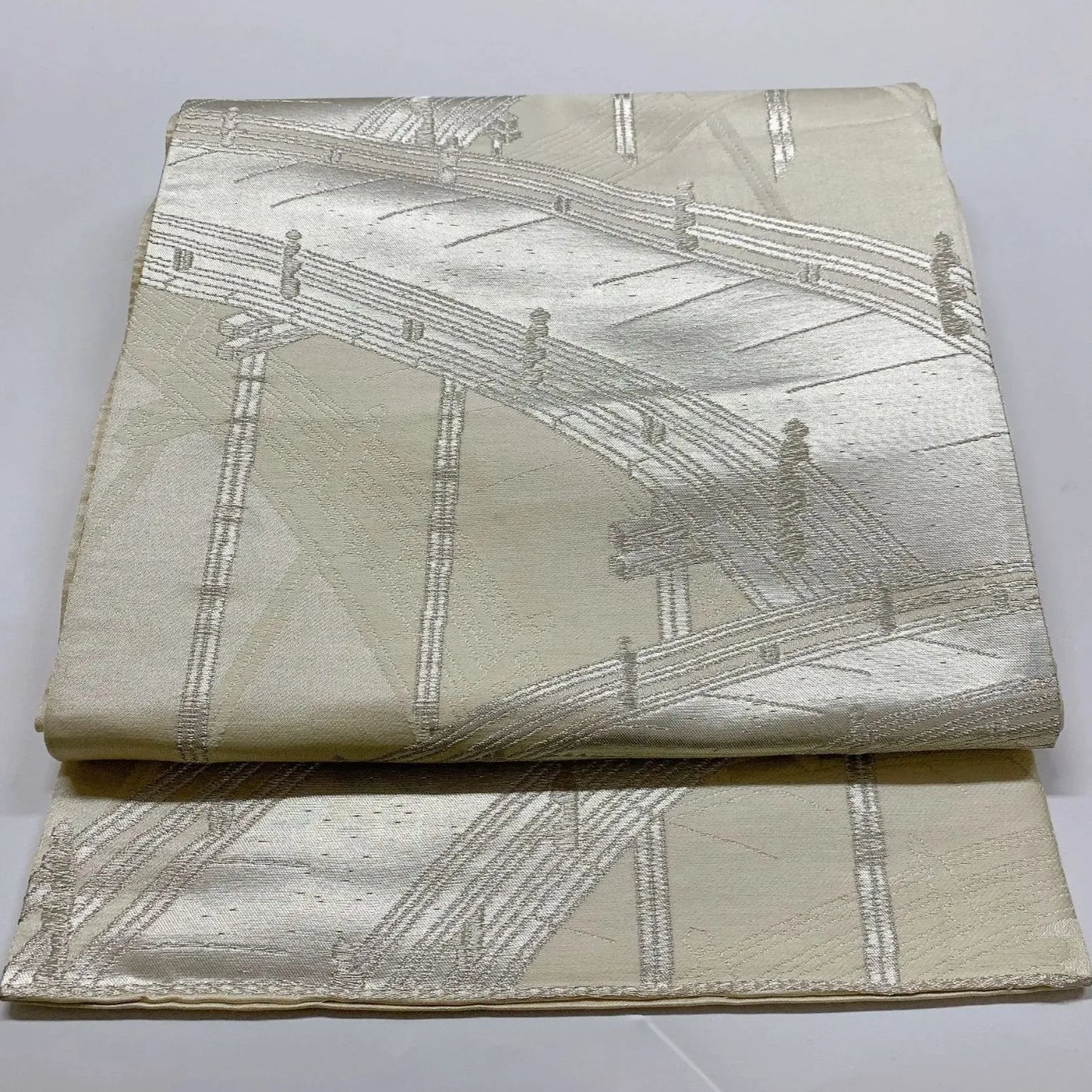6072# Japanese Vintage Fukuro Obi Belt Kimono Fabric Silk Traditional Silver