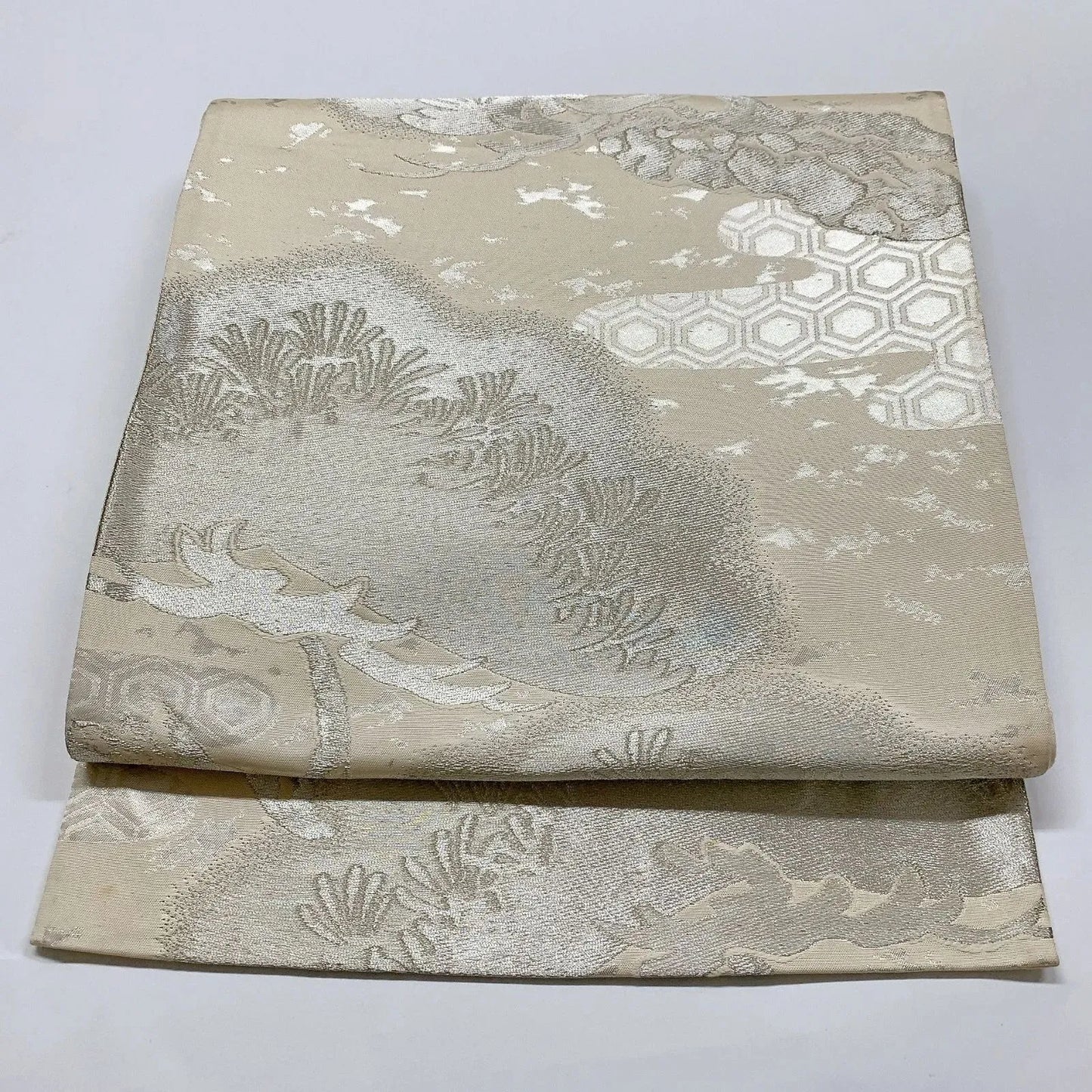 6074# Japanese Vintage Fukuro Obi Belt Kimono Fabric Silk Traditional Silver