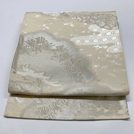 6074# Japanese Vintage Fukuro Obi Belt Kimono Fabric Silk Traditional Silver