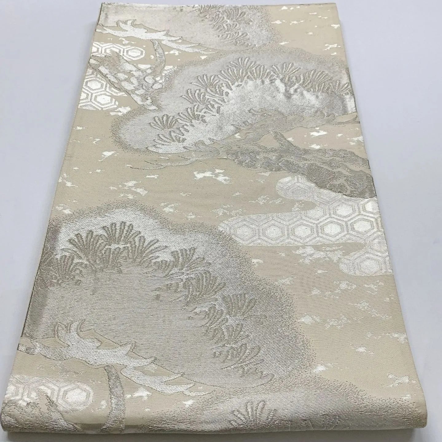 6074# Japanese Vintage Fukuro Obi Belt Kimono Fabric Silk Traditional Silver