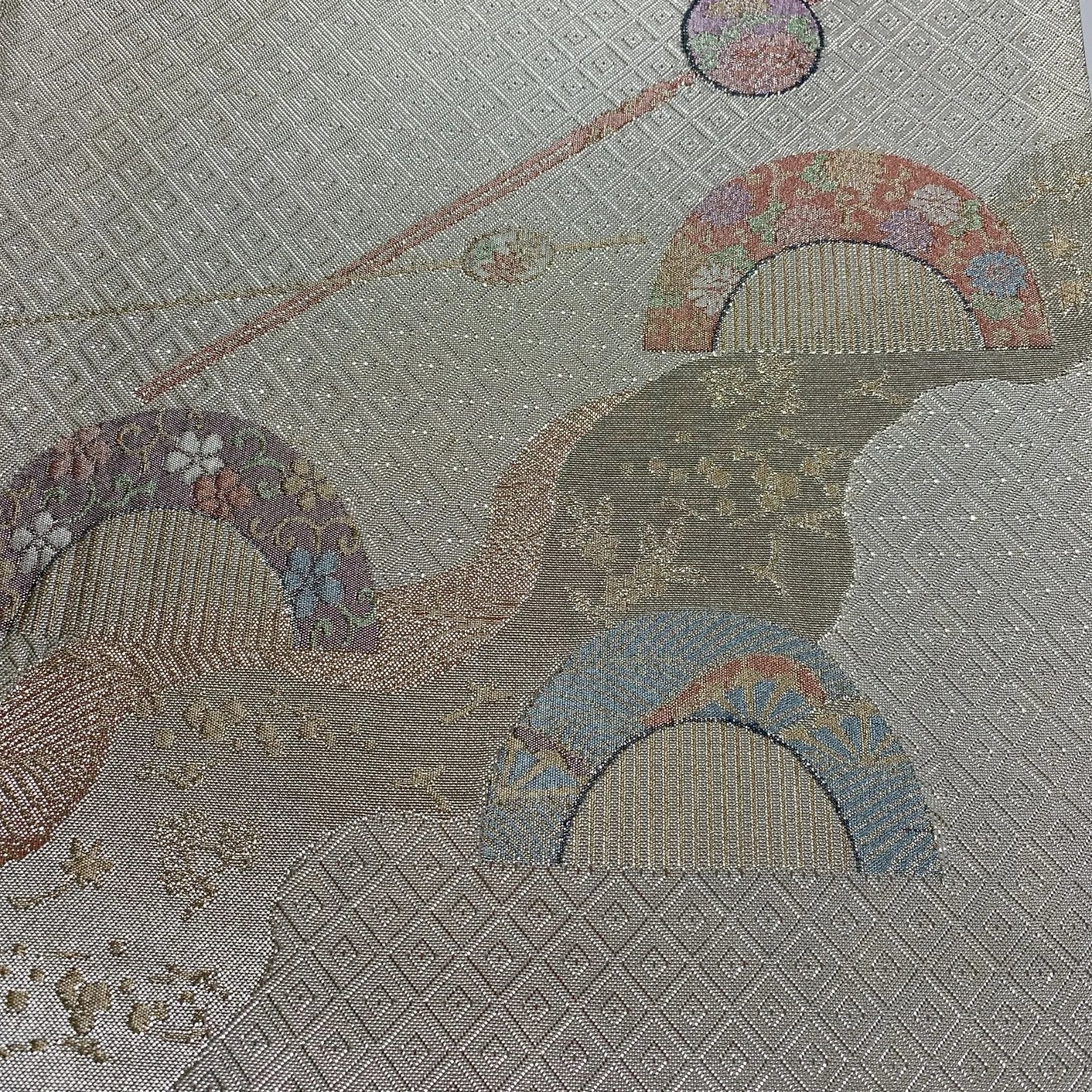 6080# Japanese Vintage Fukuro Obi Belt Kimono Fabric Silk Traditional Silver　