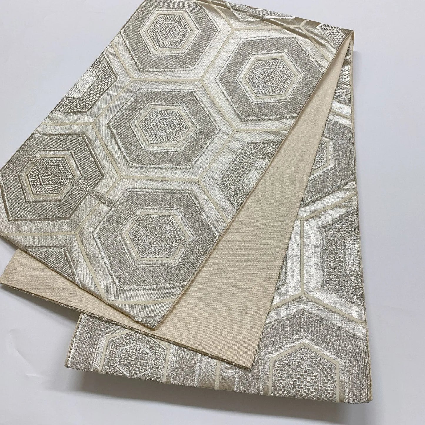 6087# Japanese Vintage Fukuro Obi Belt Kimono Fabric Silk Traditional Silver