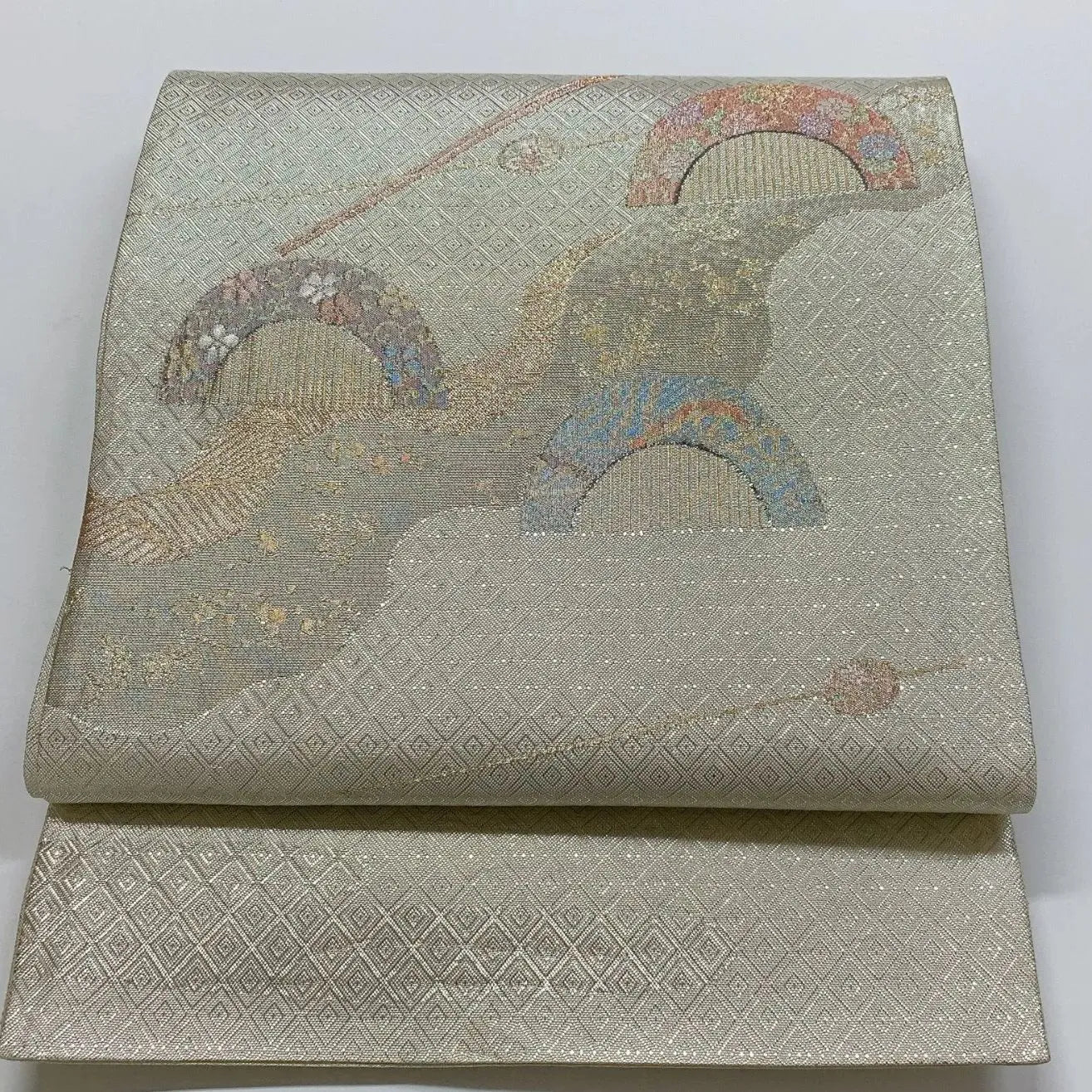 6080# Japanese Vintage Fukuro Obi Belt Kimono Fabric Silk Traditional Silver　