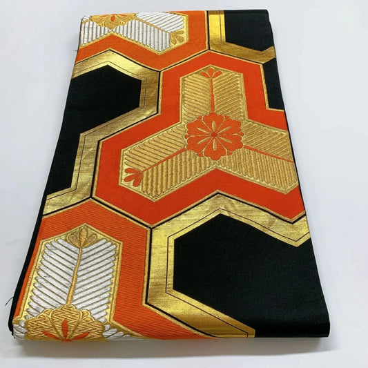 6081# Japanese Vintage Fukuro Obi Belt Kimono Fabric Silk Traditional Black