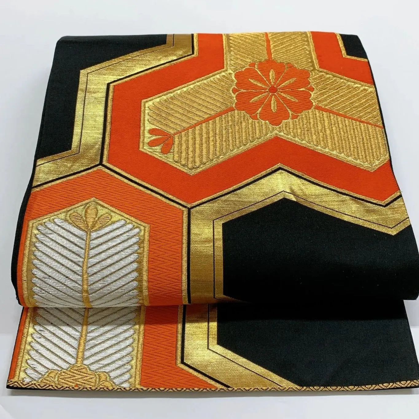 6081# Japanese Vintage Fukuro Obi Belt Kimono Fabric Silk Traditional Black