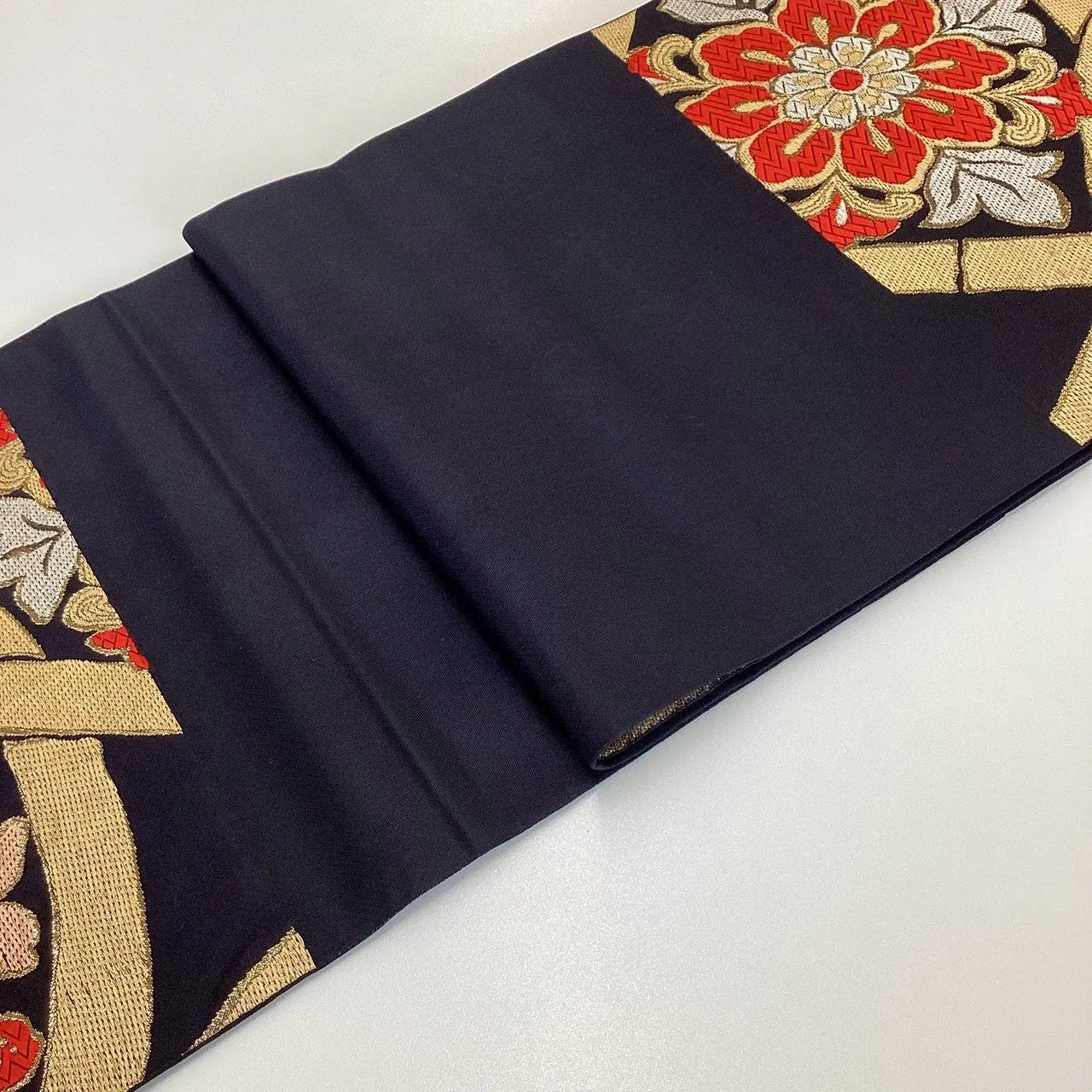 6187# Japanese Vintage Fukuro Obi Belt Kimono Fabric Silk Traditional Black