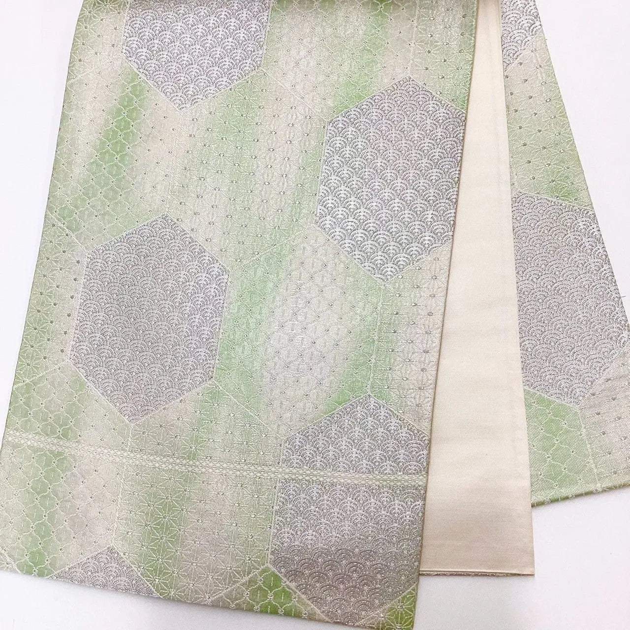 6195# Japanese Vintage Fukuro Obi Belt Kimono Fabric Silk Traditional Silver