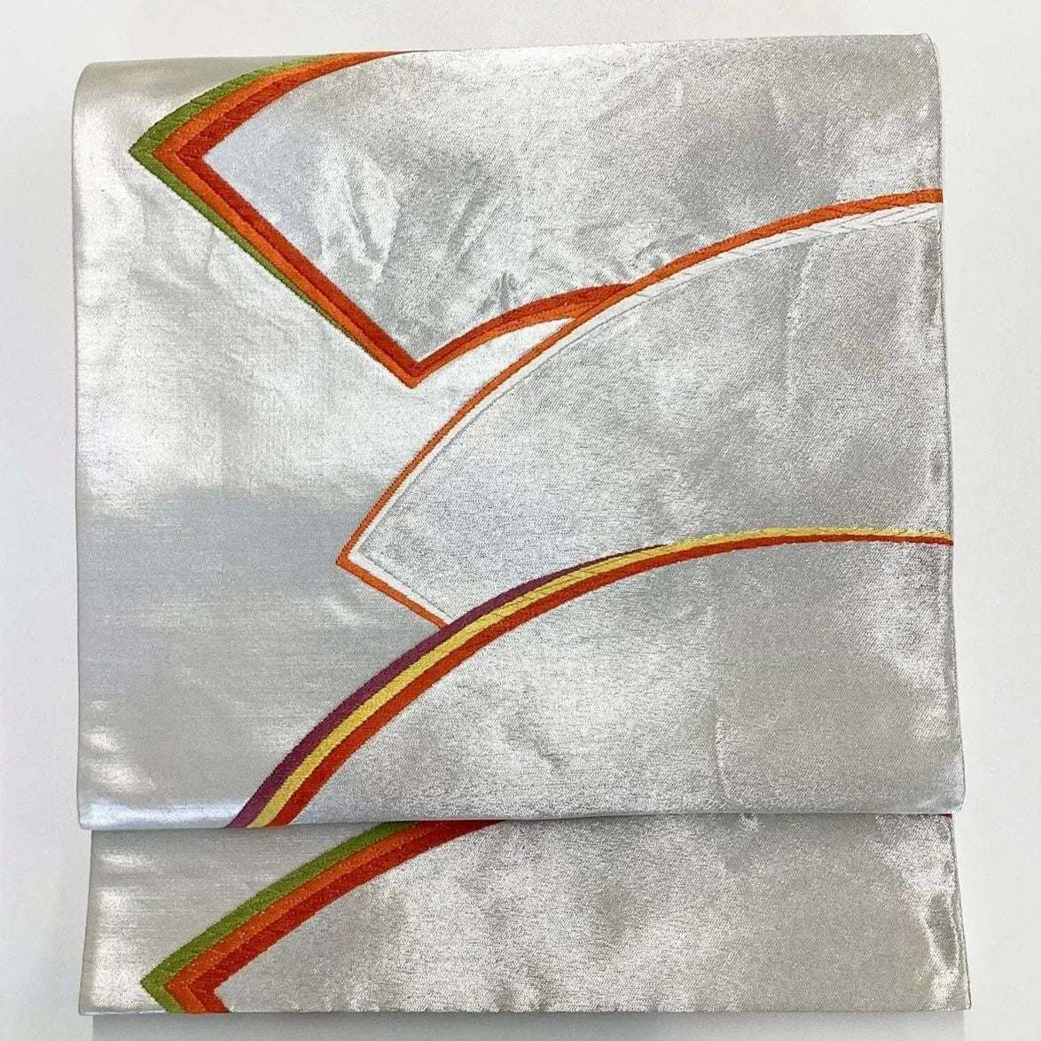 6181# Japanese Vintage Fukuro Obi Belt Kimono Fabric Silk Traditional Silver 　