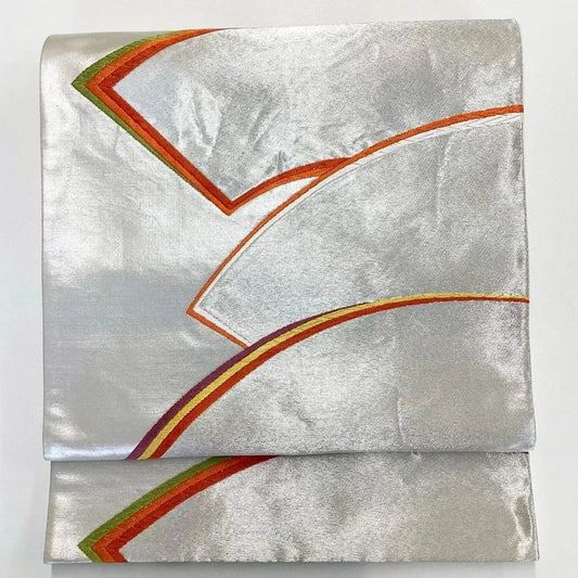 6181# Japanese Vintage Fukuro Obi Belt Kimono Fabric Silk Traditional Silver 　
