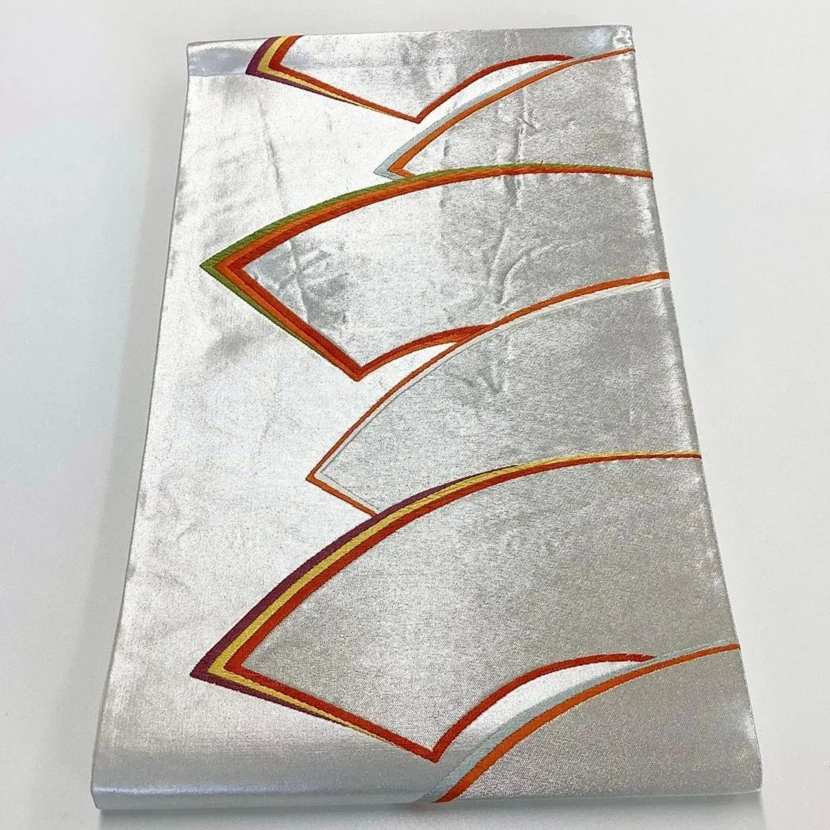 6181# Japanese Vintage Fukuro Obi Belt Kimono Fabric Silk Traditional Silver 　