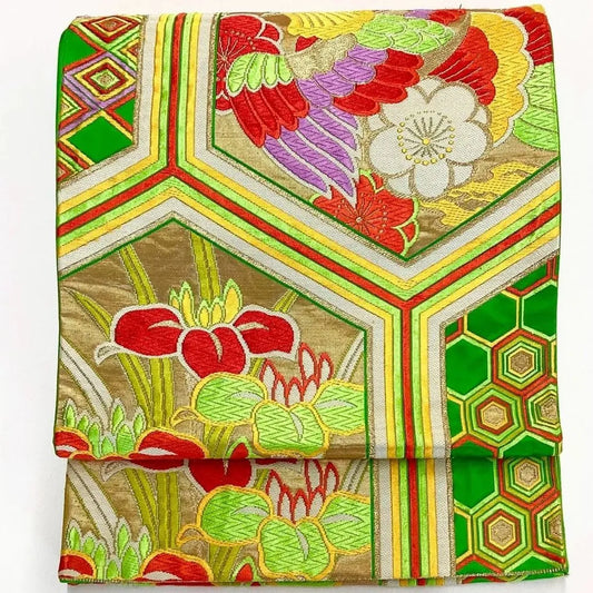 6182# Japanese Vintage Fukuro Obi Belt Kimono Fabric Silk Traditional Embroidery