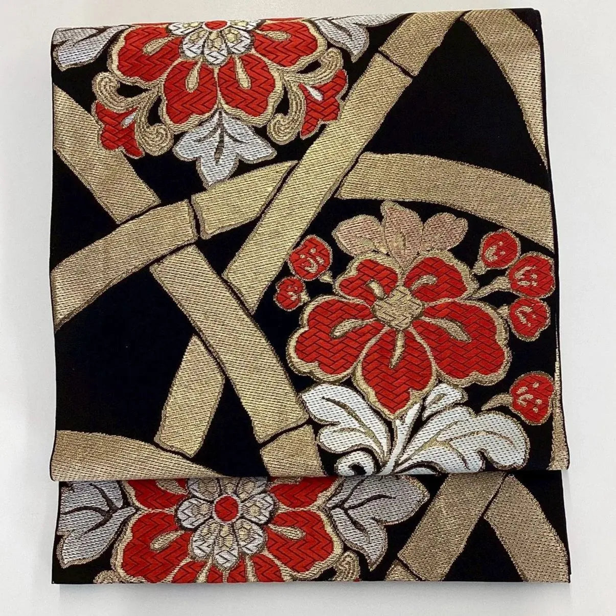 6187# Japanese Vintage Fukuro Obi Belt Kimono Fabric Silk Traditional Black