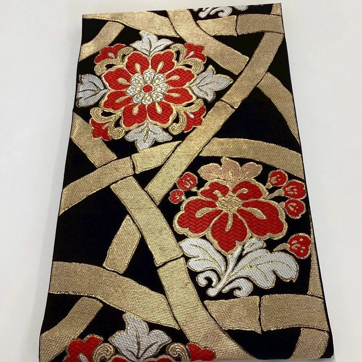 6187# Japanese Vintage Fukuro Obi Belt Kimono Fabric Silk Traditional Black