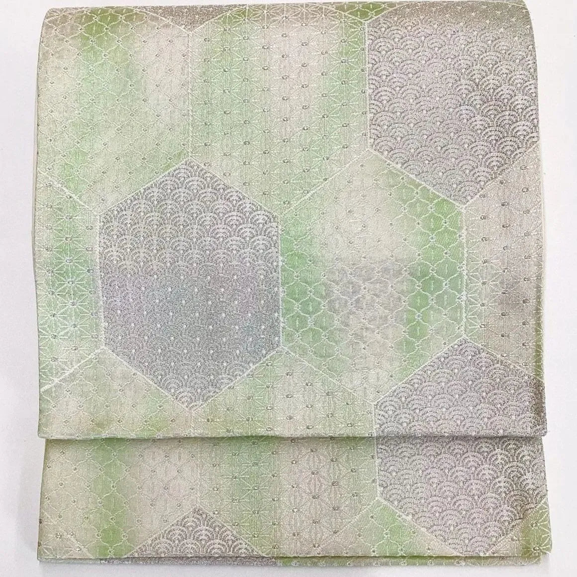 6195# Japanese Vintage Fukuro Obi Belt Kimono Fabric Silk Traditional Silver