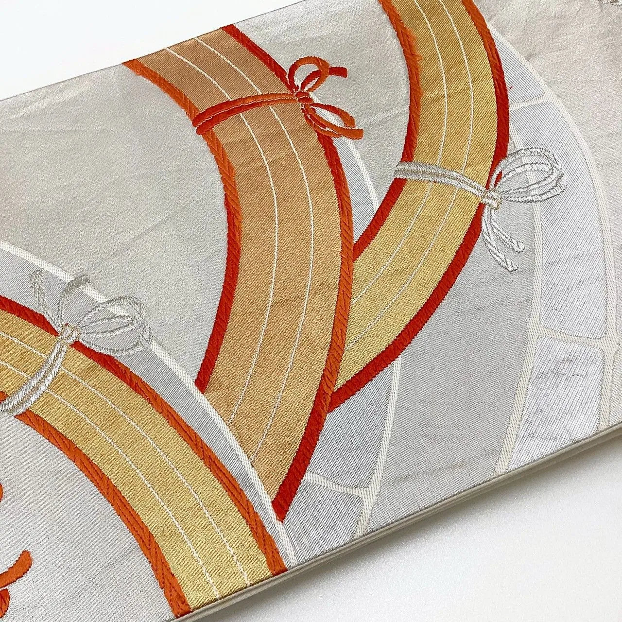 6201# Japanese Vintage Fukuro Obi Belt Kimono Fabric Silk Traditional Silver