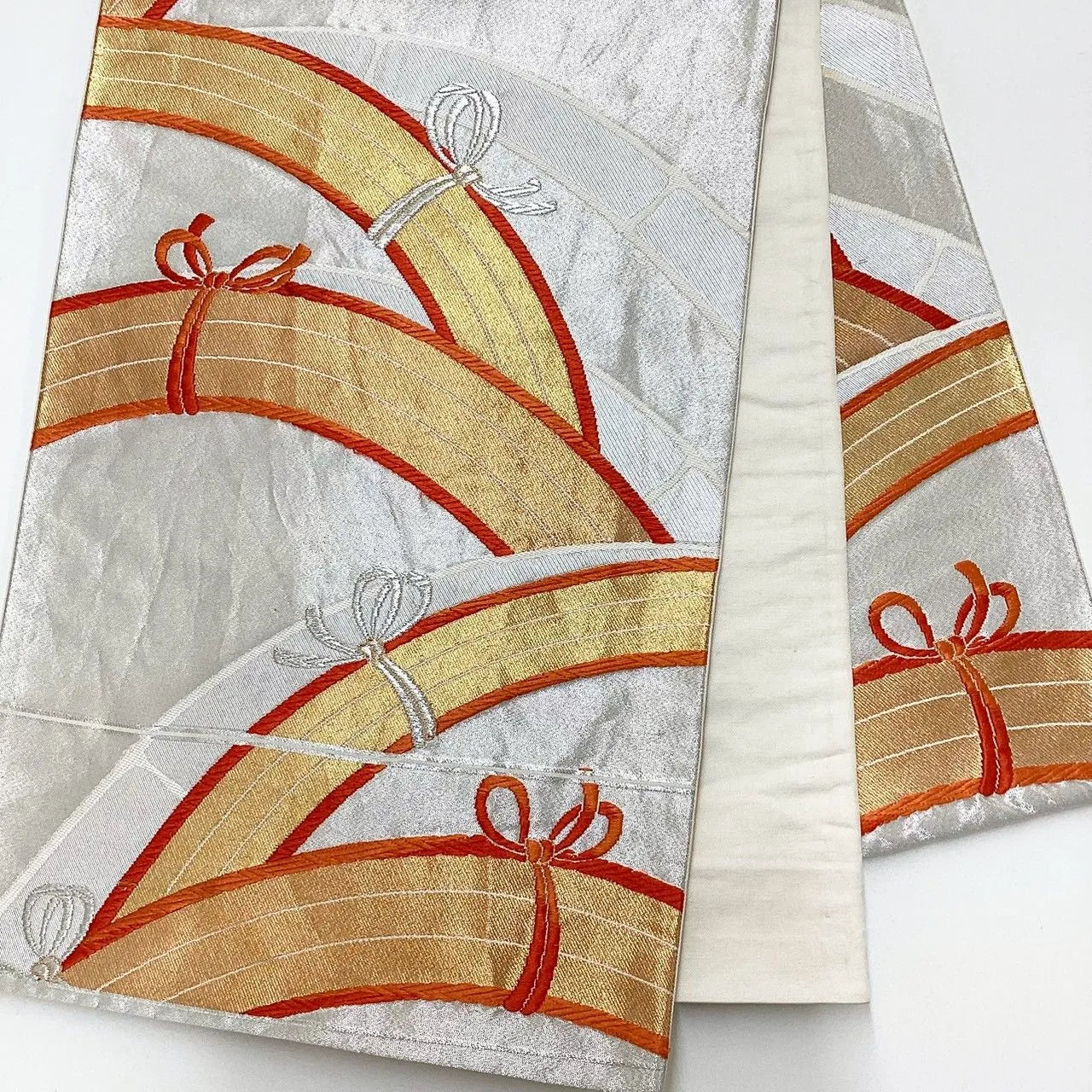 6201# Japanese Vintage Fukuro Obi Belt Kimono Fabric Silk Traditional Silver