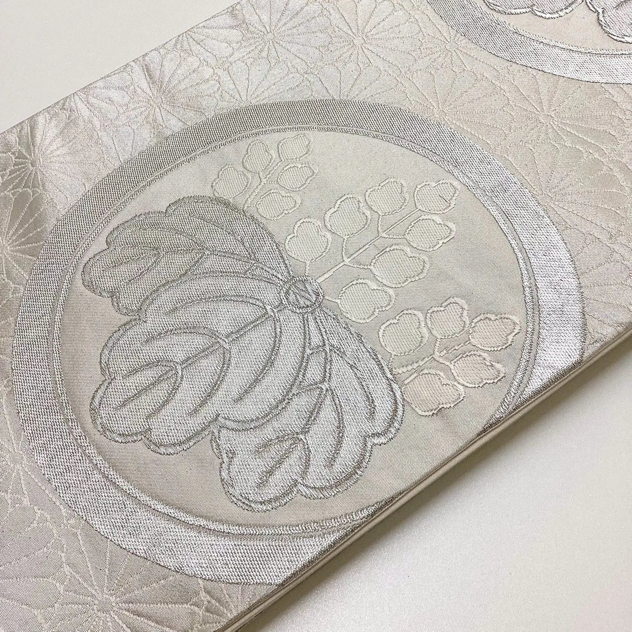 6206# Japanese Vintage Fukuro Obi Belt Kimono Fabric Silk Traditional Silver