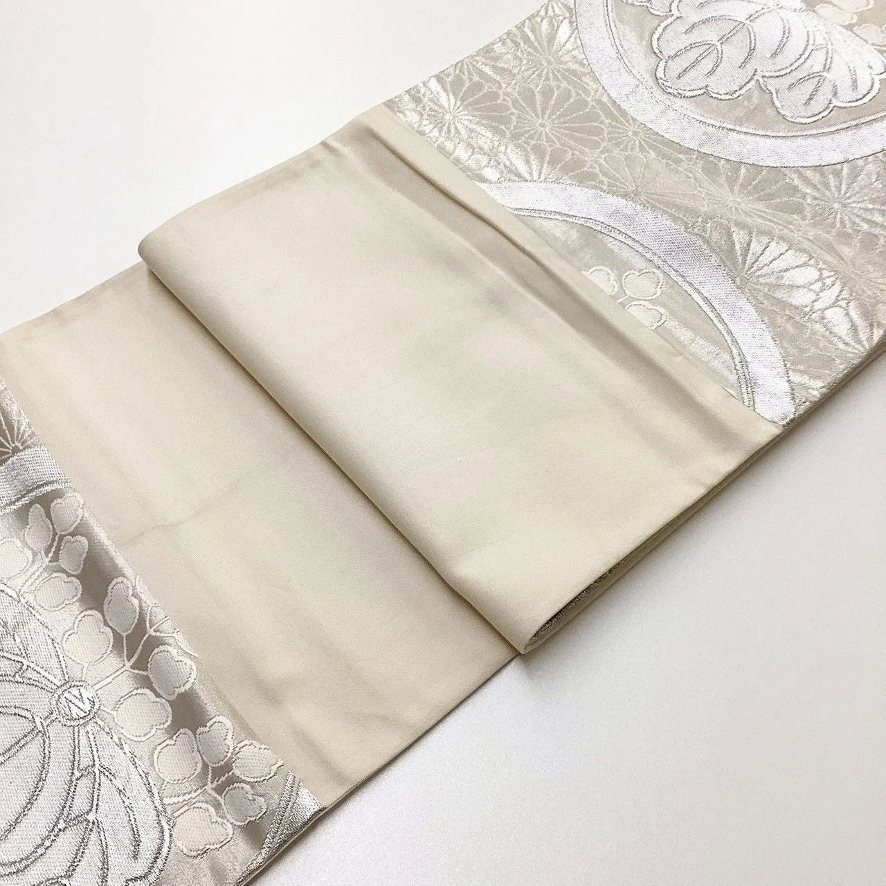 6206# Japanese Vintage Fukuro Obi Belt Kimono Fabric Silk Traditional Silver