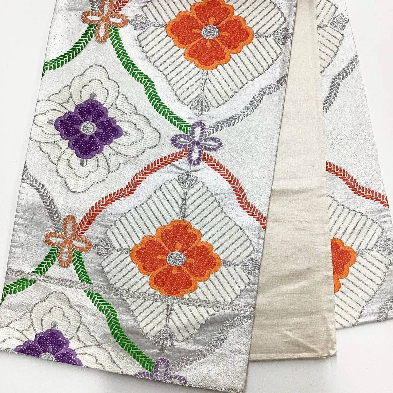 6209# Japanese Vintage Fukuro Obi Belt Kimono Fabric Silk Traditional Silver　