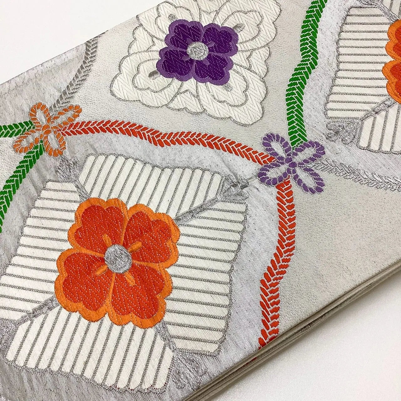 6209# Japanese Vintage Fukuro Obi Belt Kimono Fabric Silk Traditional Silver　