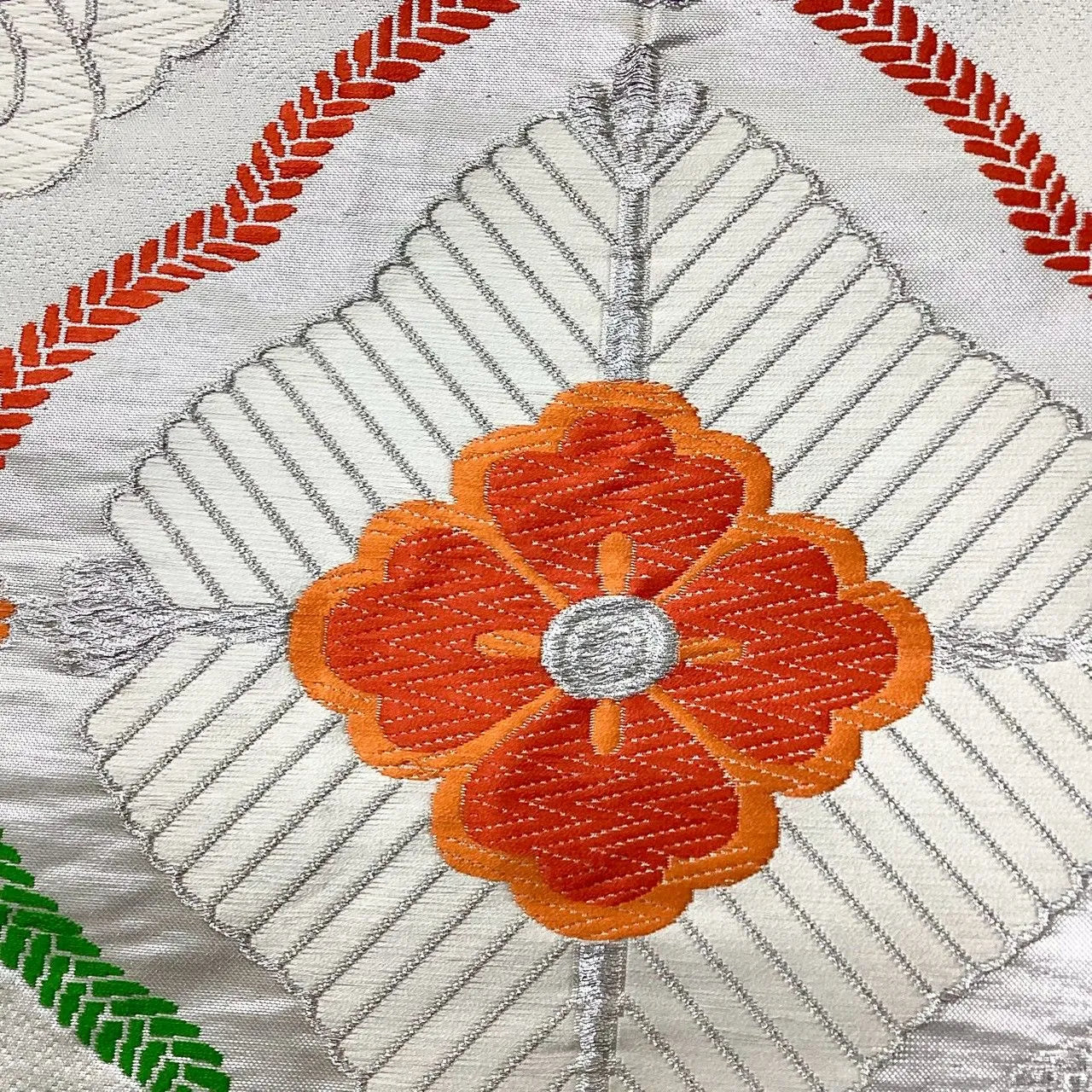 6209# Japanese Vintage Fukuro Obi Belt Kimono Fabric Silk Traditional Silver　