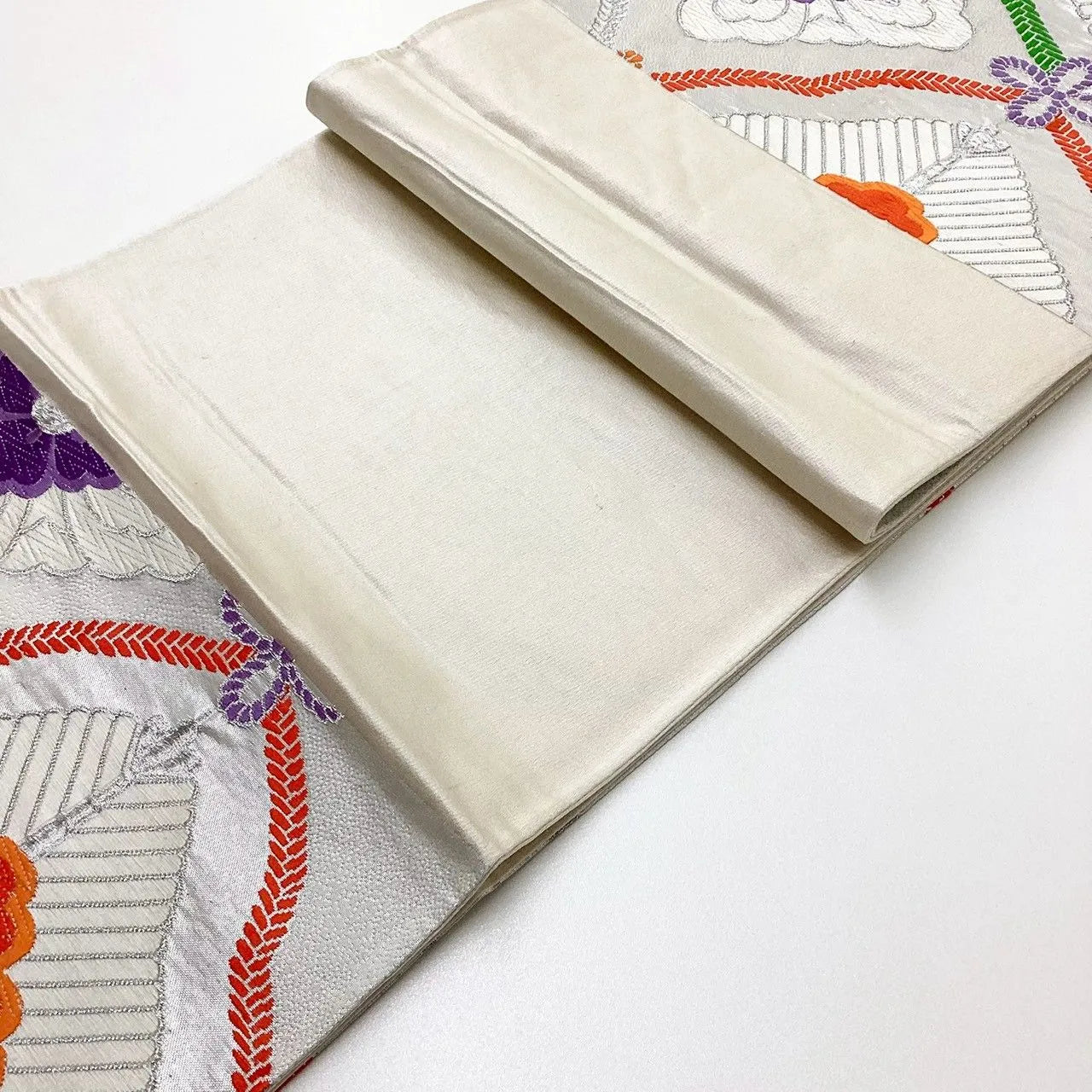 6209# Japanese Vintage Fukuro Obi Belt Kimono Fabric Silk Traditional Silver　