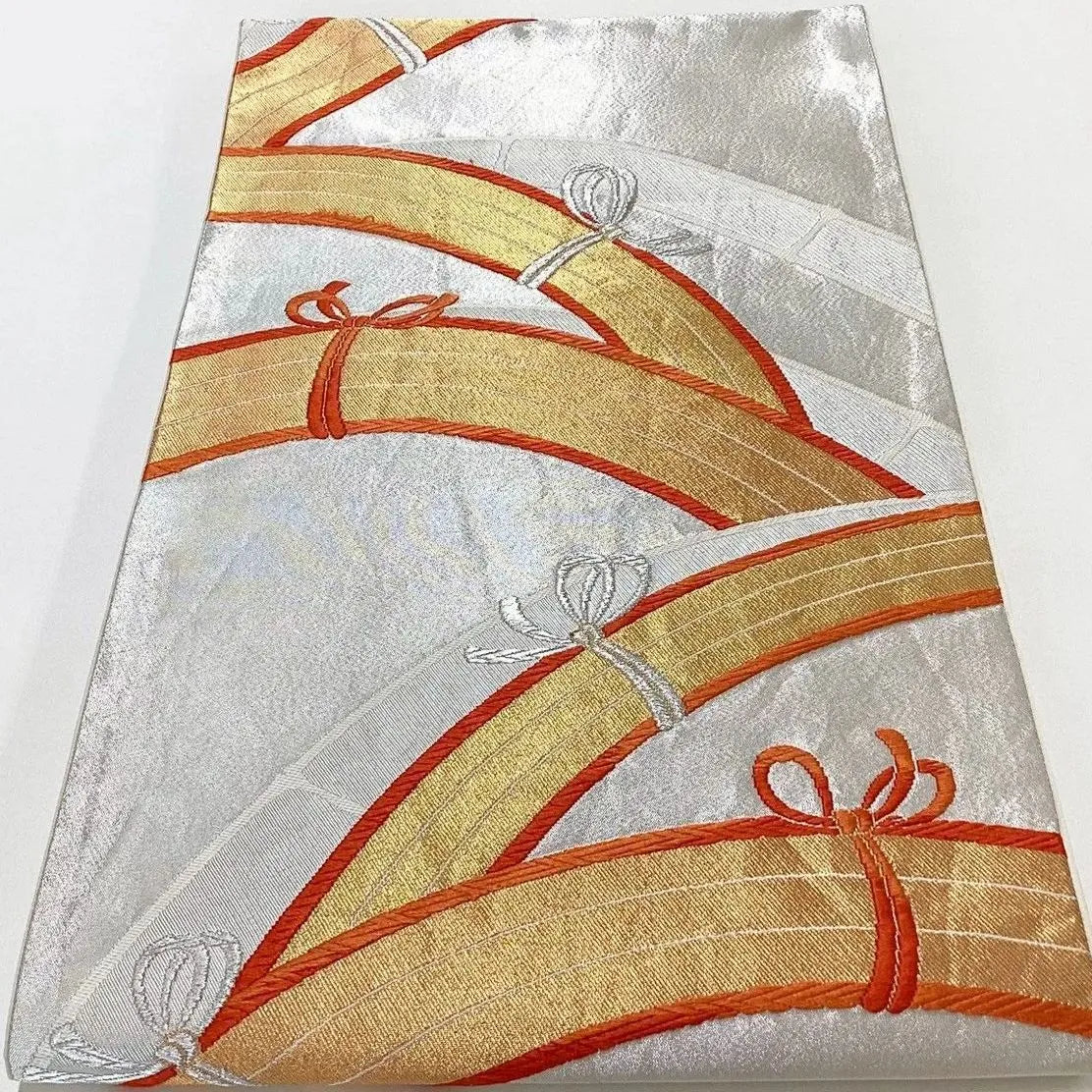 6201# Japanese Vintage Fukuro Obi Belt Kimono Fabric Silk Traditional Silver