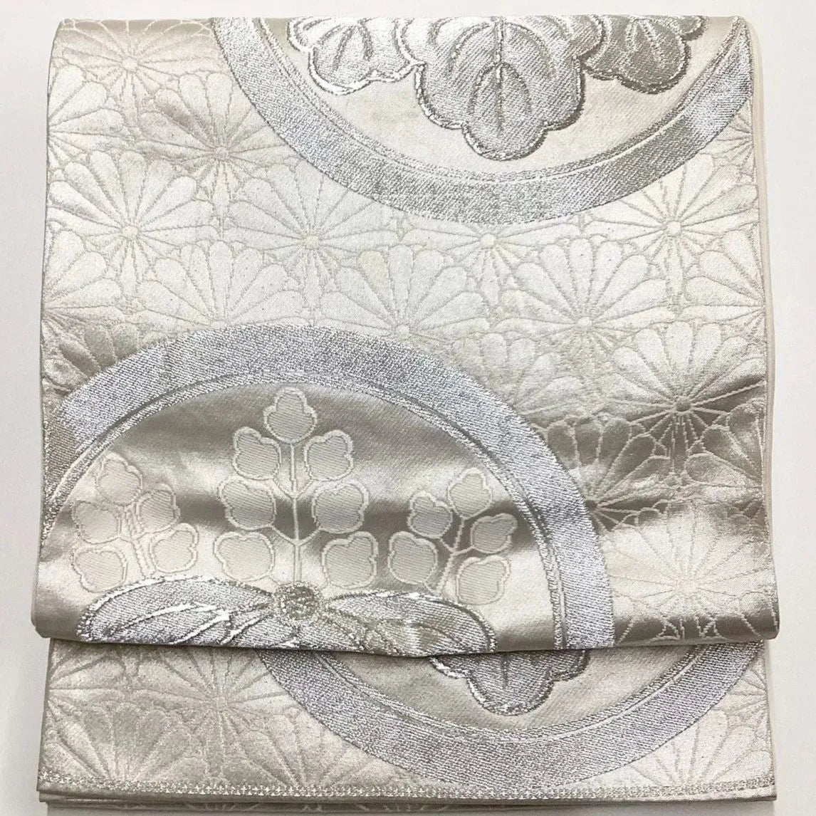 6206# Japanese Vintage Fukuro Obi Belt Kimono Fabric Silk Traditional Silver
