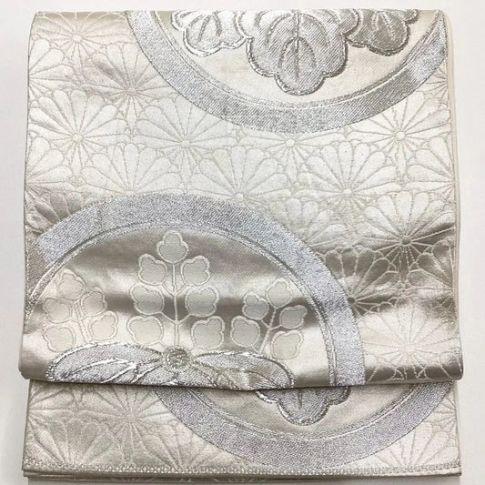 6206# Japanese Vintage Fukuro Obi Belt Kimono Fabric Silk Traditional Silver