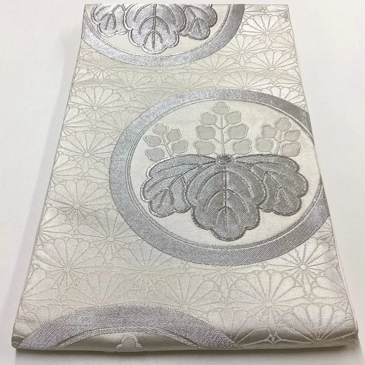 6206# Japanese Vintage Fukuro Obi Belt Kimono Fabric Silk Traditional Silver