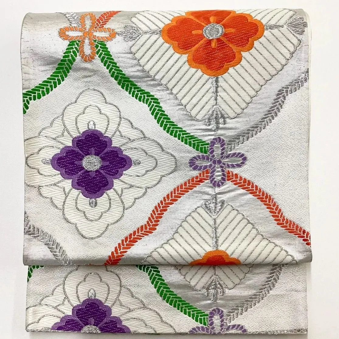 6209# Japanese Vintage Fukuro Obi Belt Kimono Fabric Silk Traditional Silver　