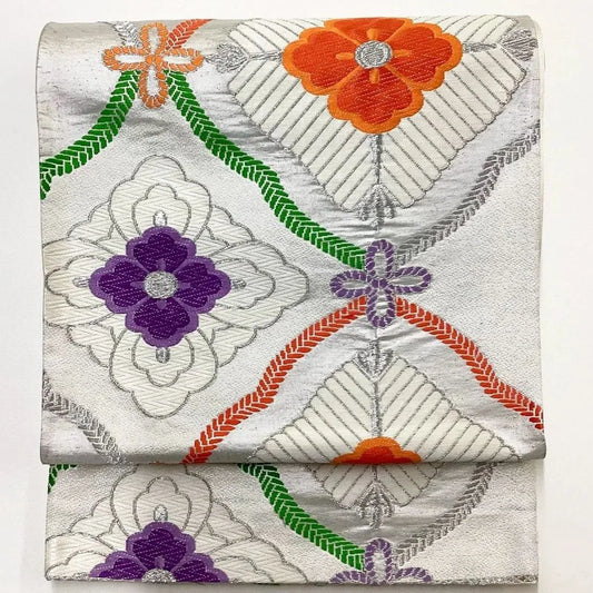 6209# Japanese Vintage Fukuro Obi Belt Kimono Fabric Silk Traditional Silver　