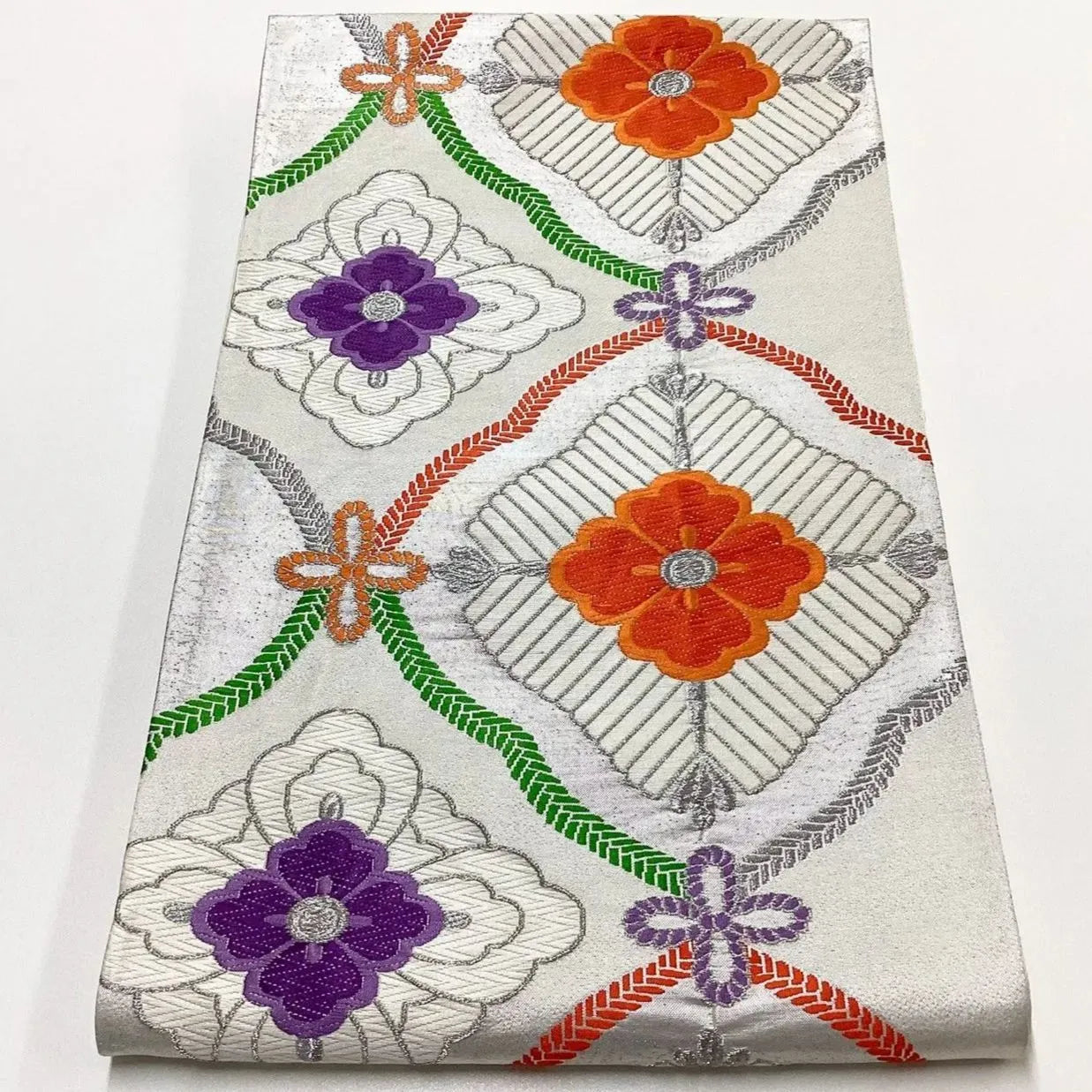 6209# Japanese Vintage Fukuro Obi Belt Kimono Fabric Silk Traditional Silver　