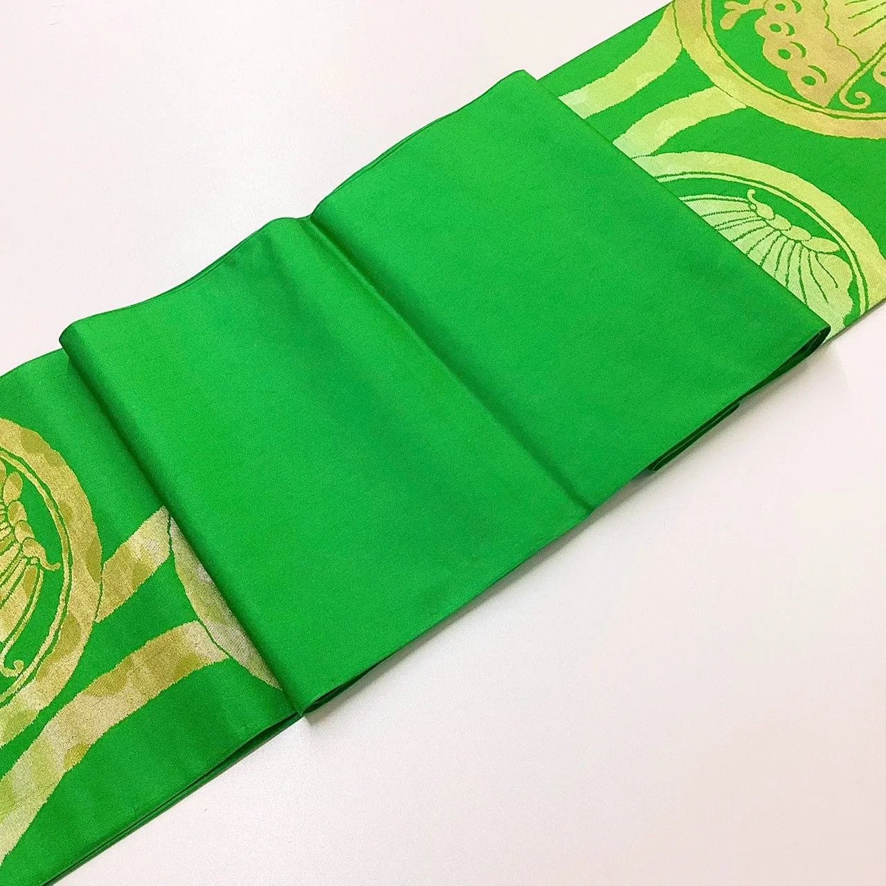 6256# Japanese Vintage Fukuro Obi Belt Kimono Fabric Silk Traditional Green