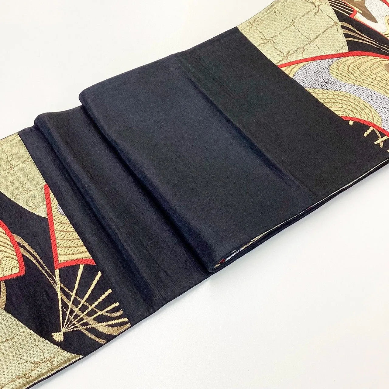 6260# Japanese Vintage Fukuro Obi Belt Kimono Fabric Silk Traditional Black