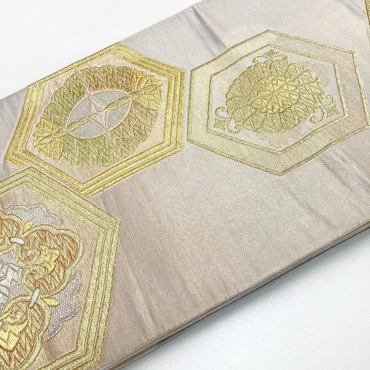 6266# Japanese Vintage Fukuro Obi Belt Kimono Fabric Silk Traditional Gold