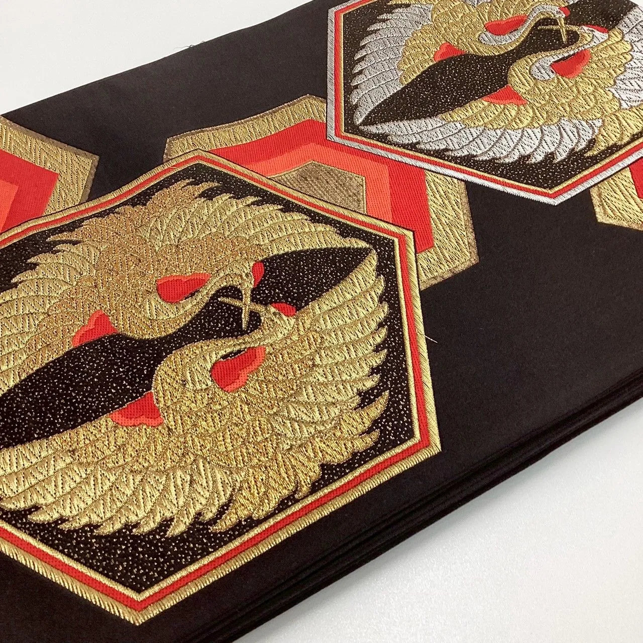 6268# Japanese Vintage Fukuro Obi Belt Kimono Fabric Silk Traditional Black