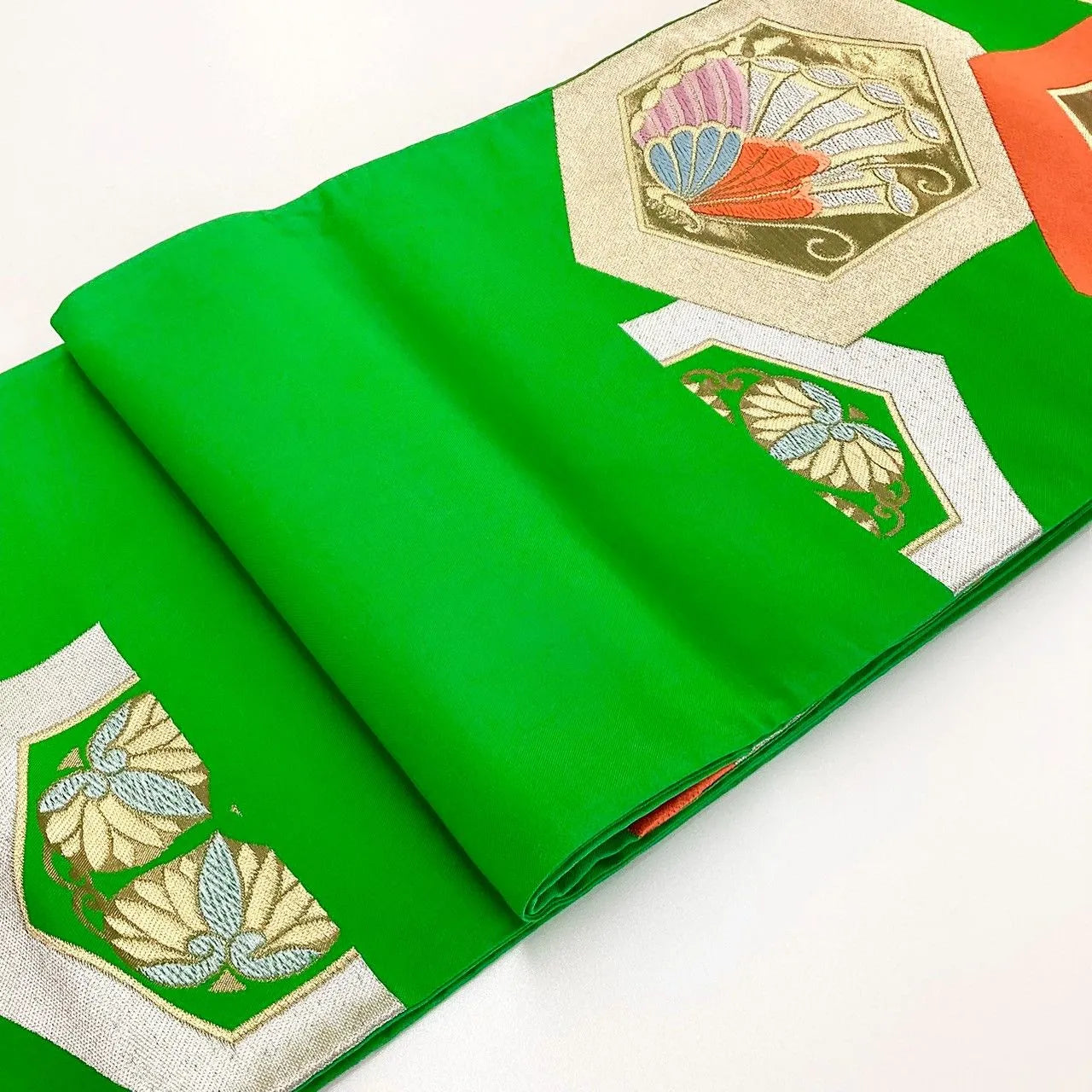6278# Japanese Vintage Fukuro Obi Belt Kimono Fabric Silk Traditional Green